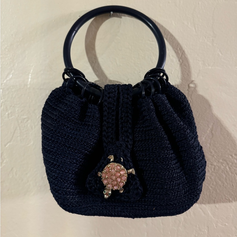 Vintage Women's Blue Fabric Purse turtle clasp Small Evening Wedding 1930s to 19